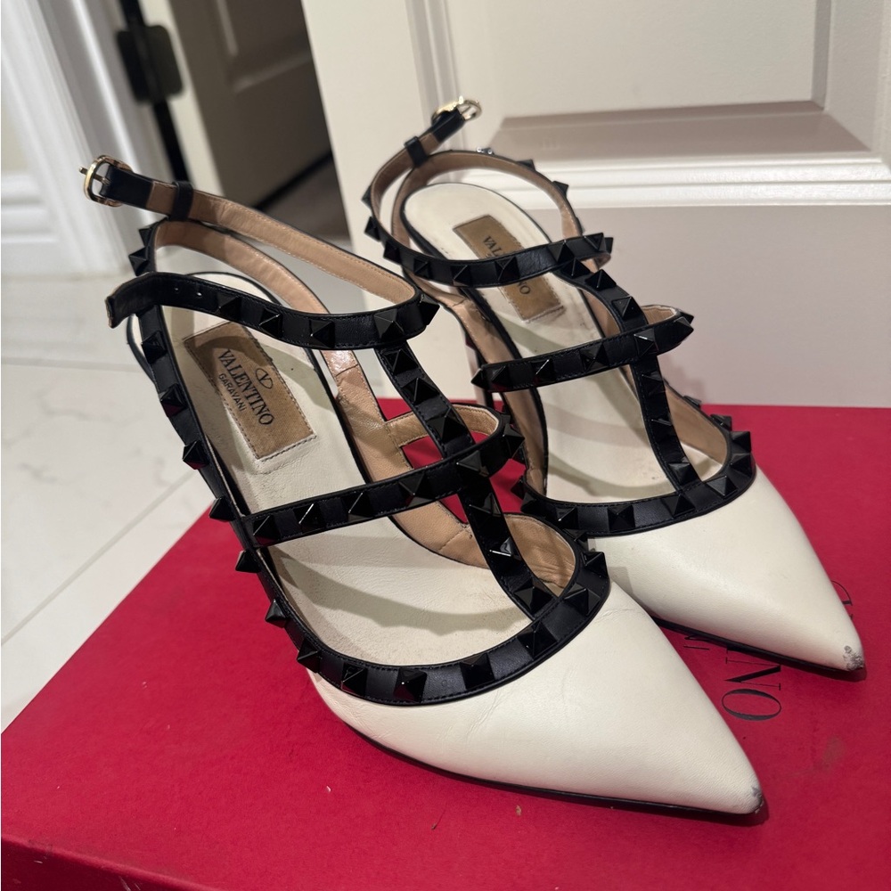 Valentino Women's Black and Cream Studded Heels - Picture 1 of 5